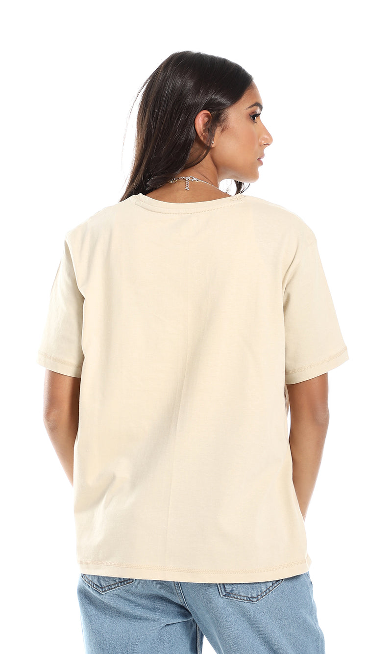 تي شيرت سادة بقصة فضفاضة سهل الإرتداء لون بيج فاتح