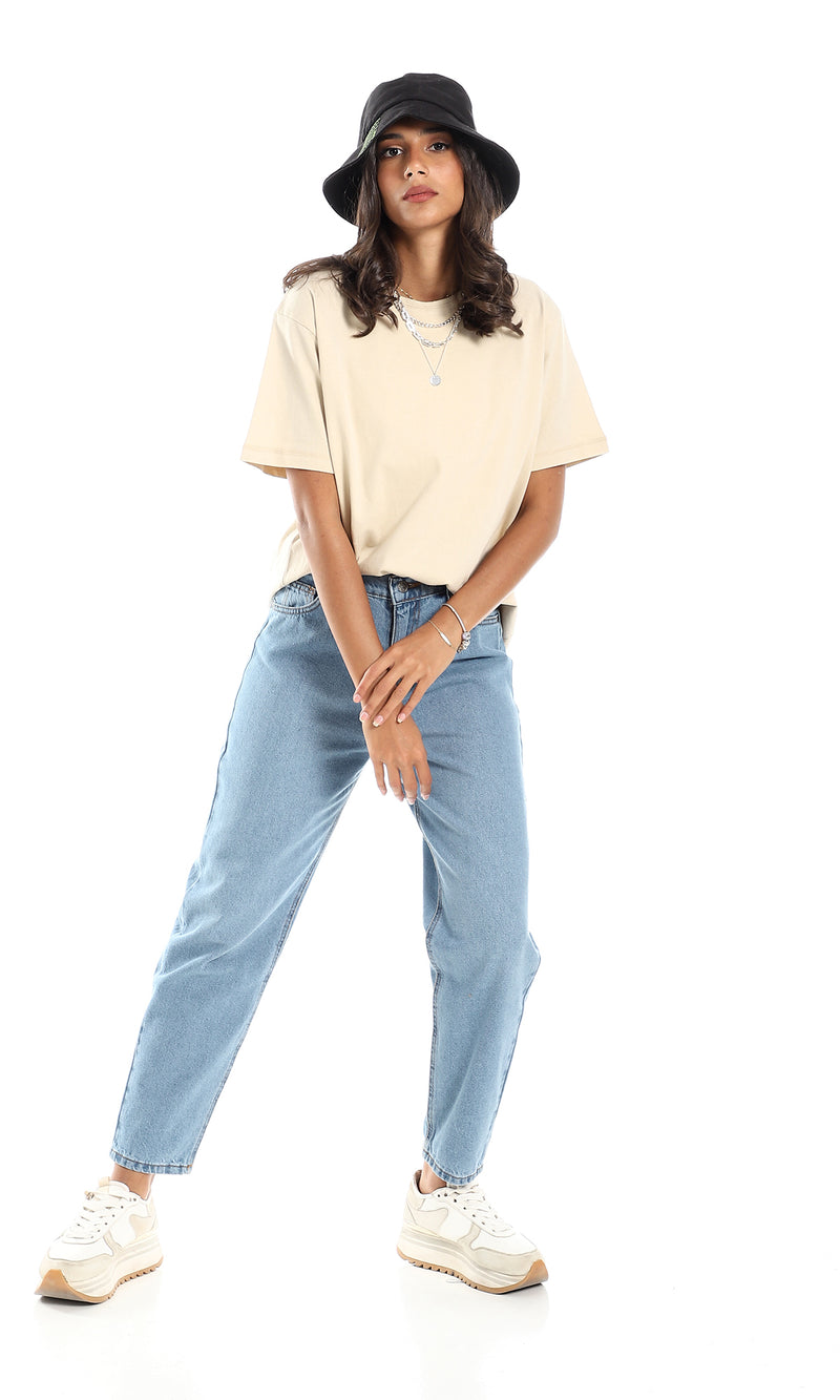 تي شيرت سادة بقصة فضفاضة سهل الإرتداء لون بيج فاتح