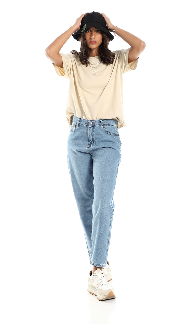 تي شيرت سادة بقصة فضفاضة سهل الإرتداء لون بيج فاتح