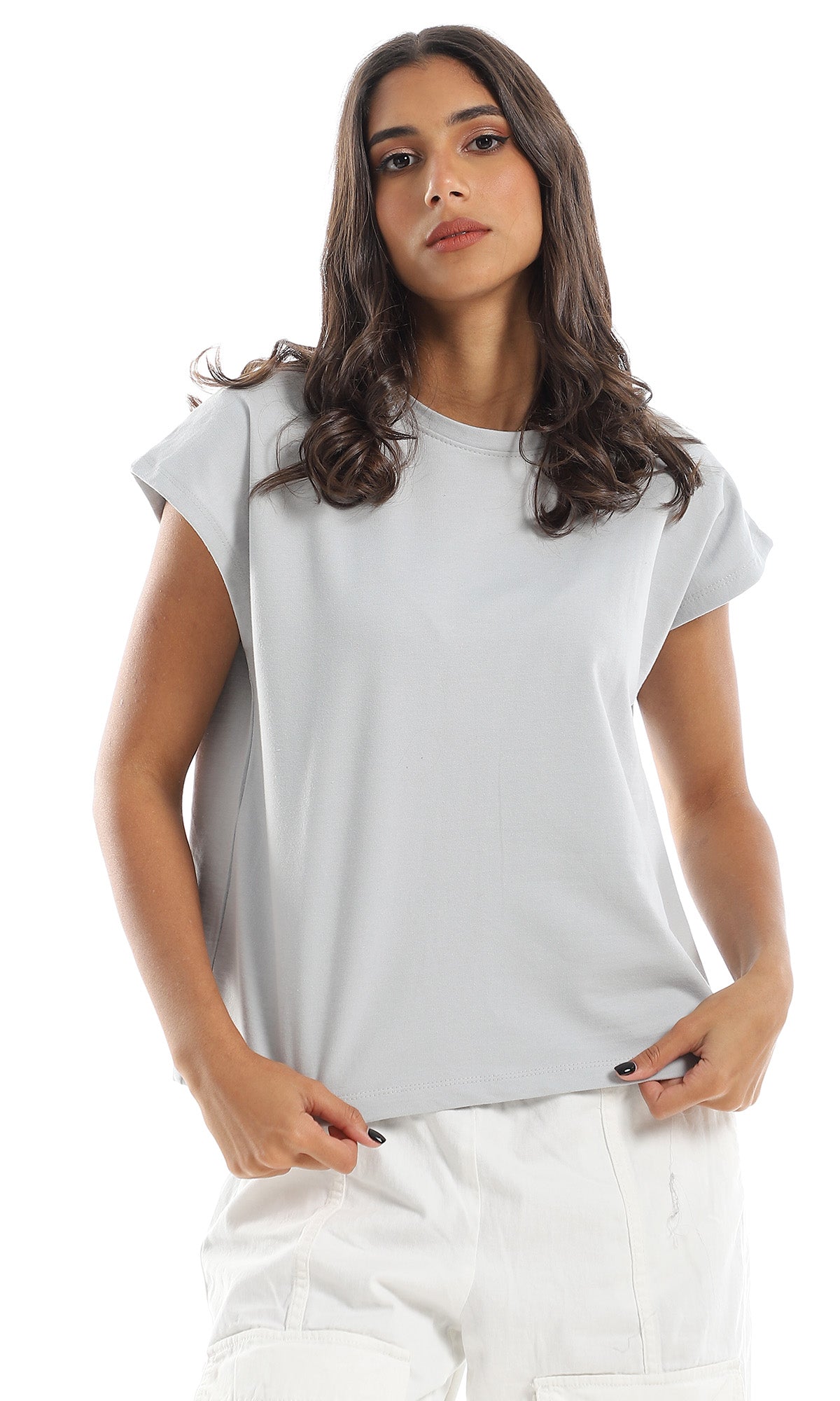 98860 Basic Plain Cape Sleeves Light Grey Tee