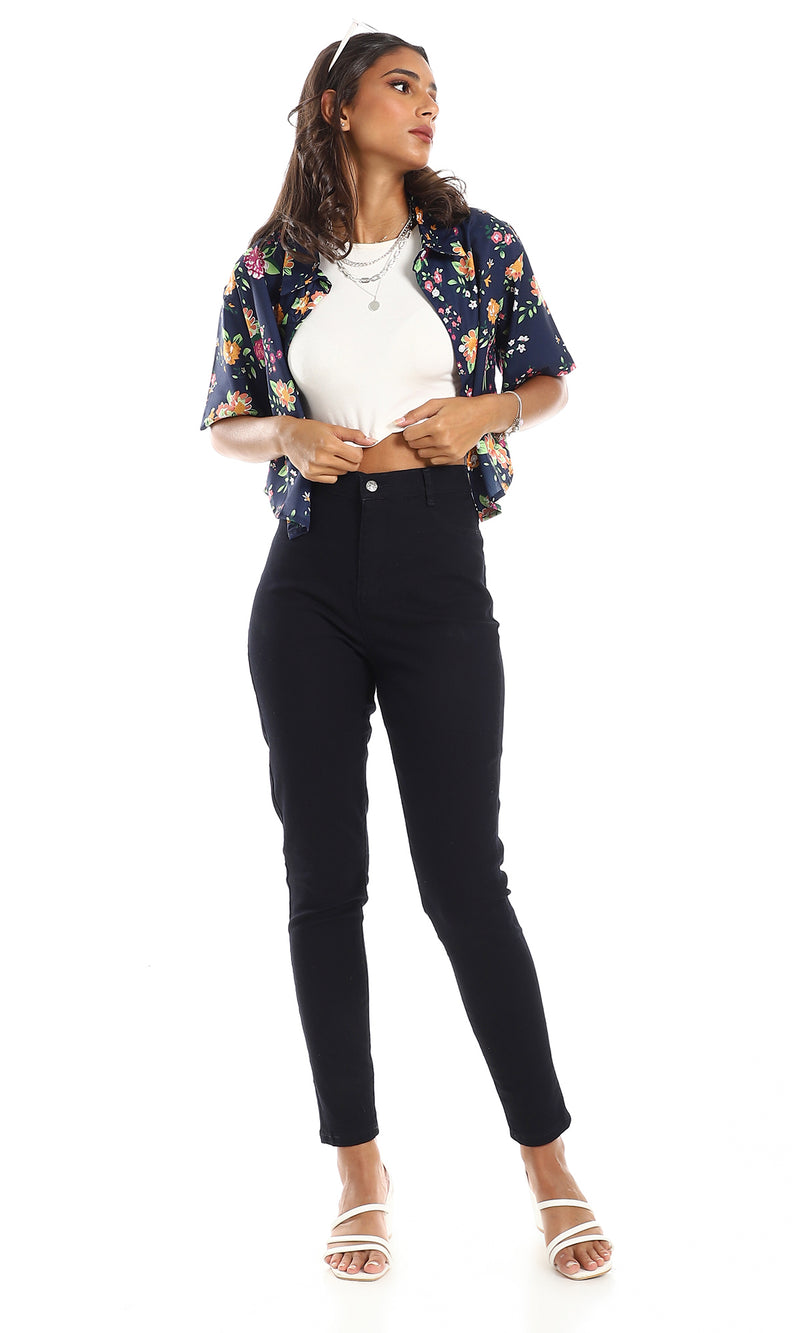 قميص قصة قصيرة مشجّر كحلي وفوشيا وأخضر