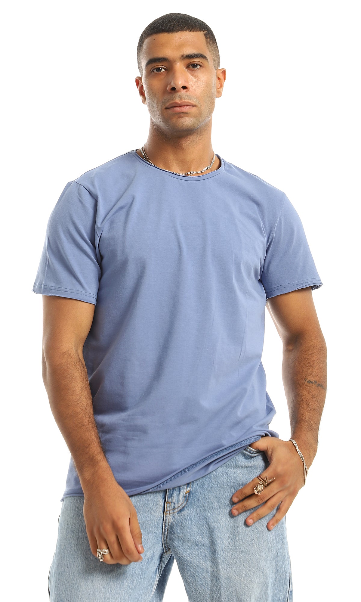 98900 Basic Plain Round Neck Cotton T-Shirt - Dusty Blue