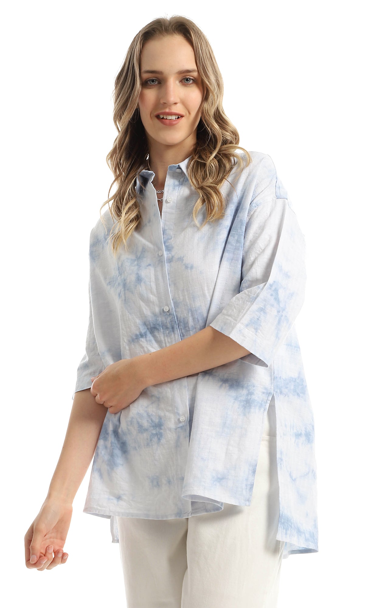 98936 Tie Dye Over Sized Self Patterned Light Blue Shirt