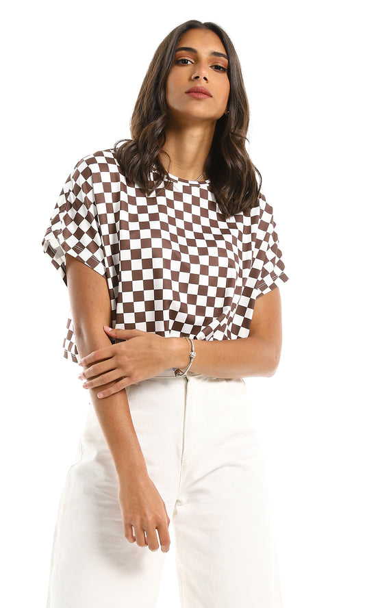 98958 Burnt Brown & Off-White Checkered Loose Cropped Top