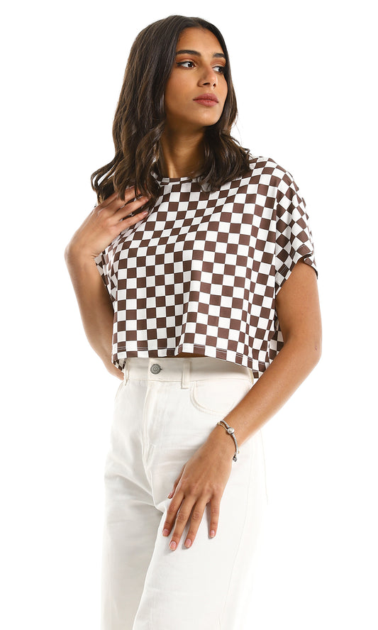 98958 Burnt Brown & Off-White Checkered Loose Cropped Top