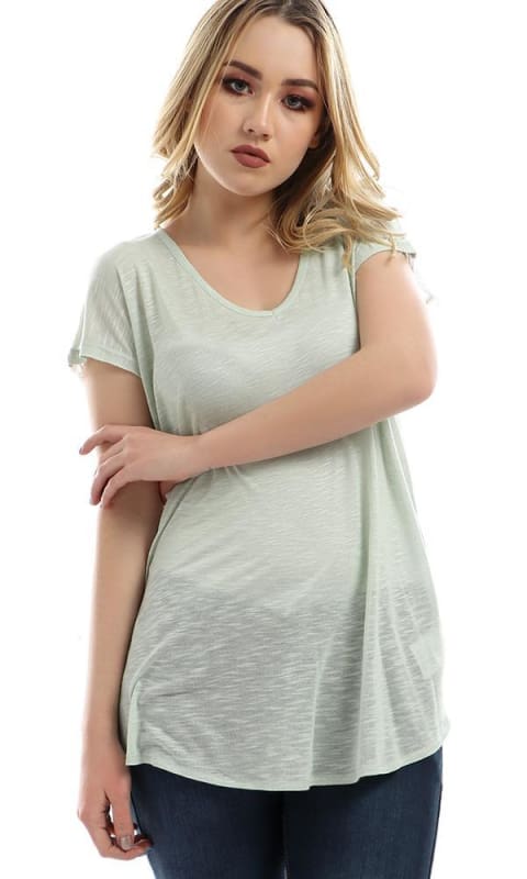 Back Heart Mesh V Neck Collar Shirt - Light Pastel Green - women t-shirts