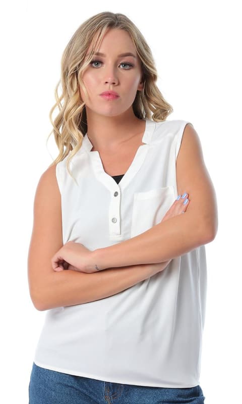 Buttoned V-Neck Off-White Blouse - women tops