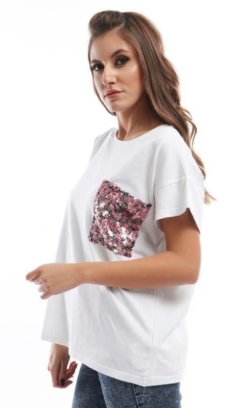 Casual White Tee With Glittery Pink Pocket - women t-shirts