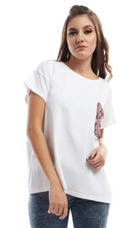 Casual White Tee With Glittery Pink Pocket - women t-shirts