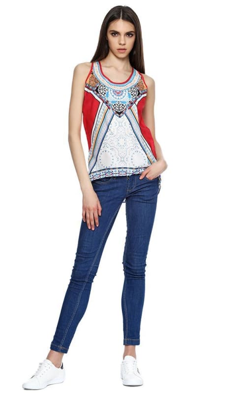 Colourful Sleeveless Top - White Blue Red & Orange - women tops