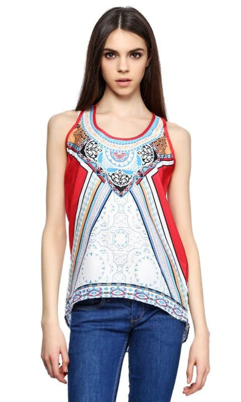 Colourful Sleeveless Top - White Blue Red & Orange - women tops