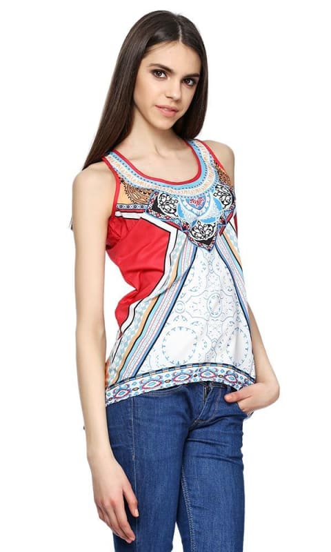 Colourful Sleeveless Top - White Blue Red & Orange - women tops
