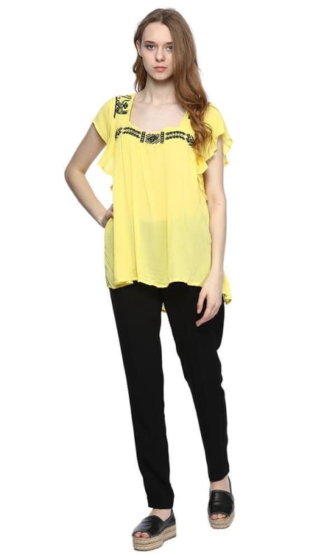 Embroidered Flutter Sleeve Top - Yellow - women shirts & blouses
