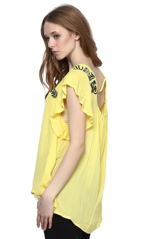 Embroidered Flutter Sleeve Top - Yellow - women shirts & blouses