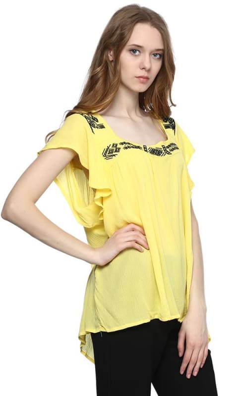 Embroidered Flutter Sleeve Top - Yellow - women shirts & blouses