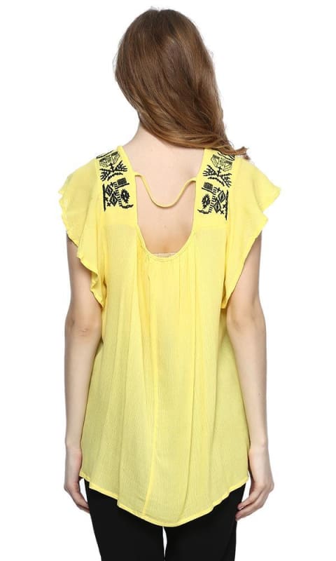 Embroidered Flutter Sleeve Top - Yellow - women shirts & blouses