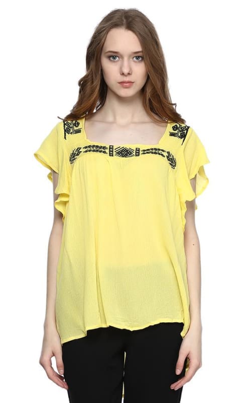 Embroidered Flutter Sleeve Top - Yellow - women shirts & blouses