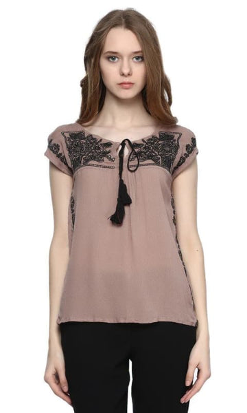 Embroidered Top Tassel Detail - Dark Coffee - women tops