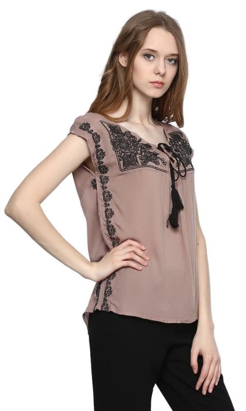 Embroidered Top Tassel Detail - Dark Coffee - women tops