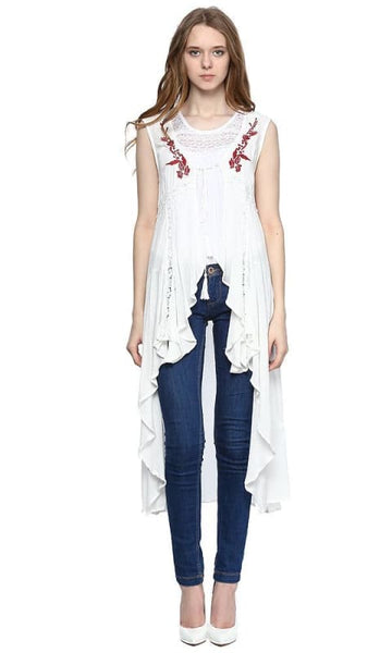 Embroidered Waterfall Vest - White - women vests & cardigans