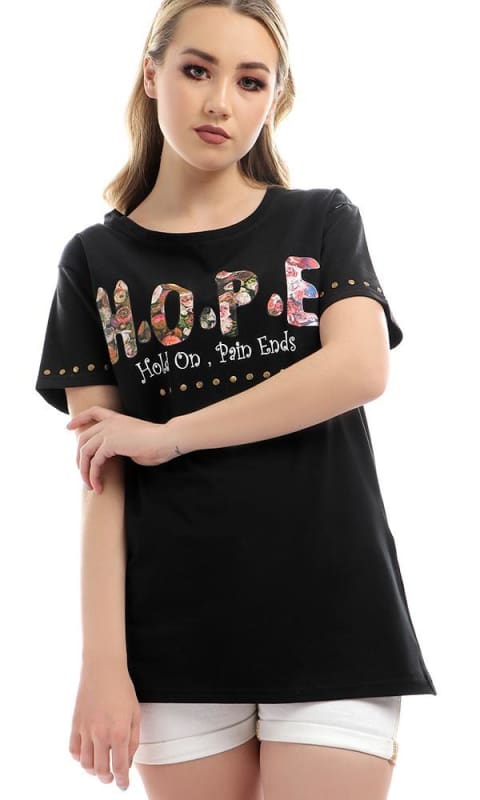 Floral Hope Pattern Half Sleeves Tshirt - Black - women t-shirts