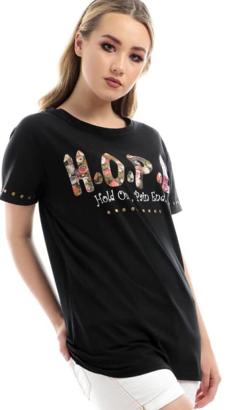 Floral Hope Pattern Half Sleeves Tshirt - Black - women t-shirts