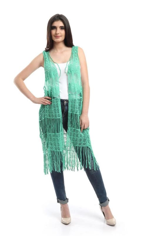 Fringes Crochet Solid Vest - Light Green - women vests & cardigans