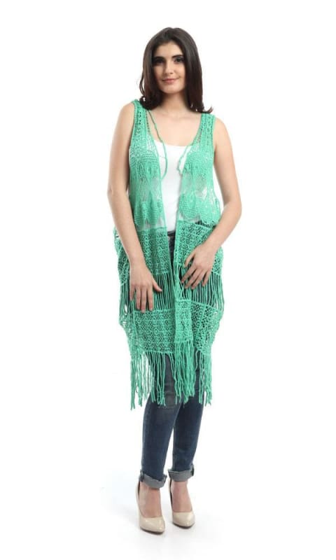 Fringes Crochet Solid Vest - Light Green - women vests & cardigans