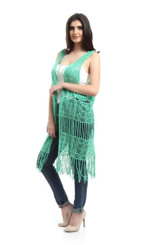 Fringes Crochet Solid Vest - Light Green - women vests & cardigans