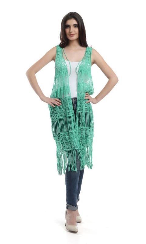 Fringes Crochet Solid Vest - Light Green - women vests & cardigans