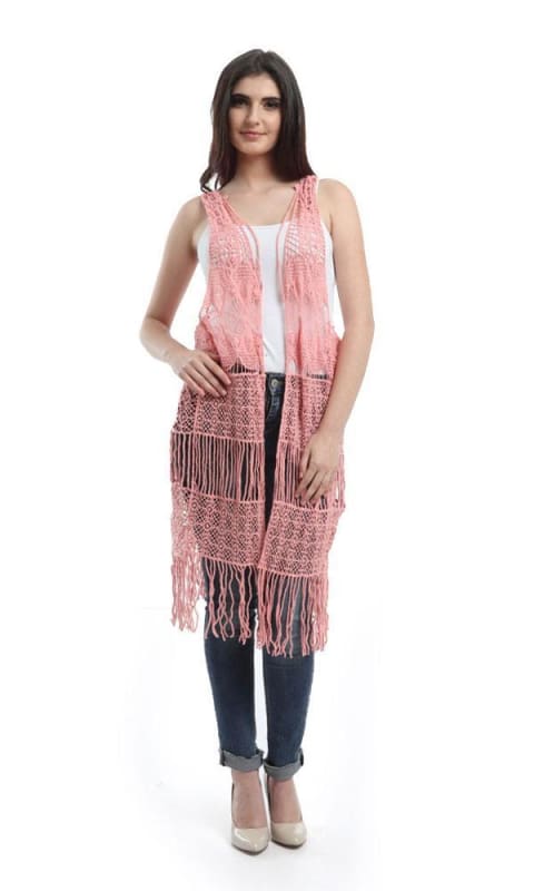 Fringes Crochet Solid Vest - Pink - women vests & cardigans