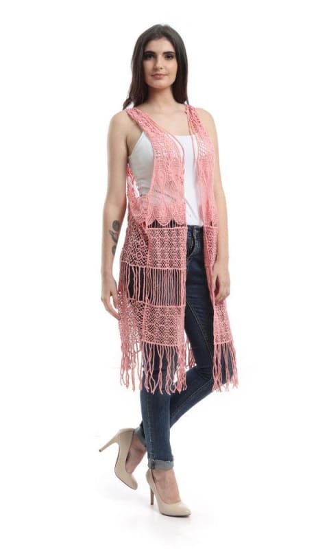 Fringes Crochet Solid Vest - Pink - women vests & cardigans