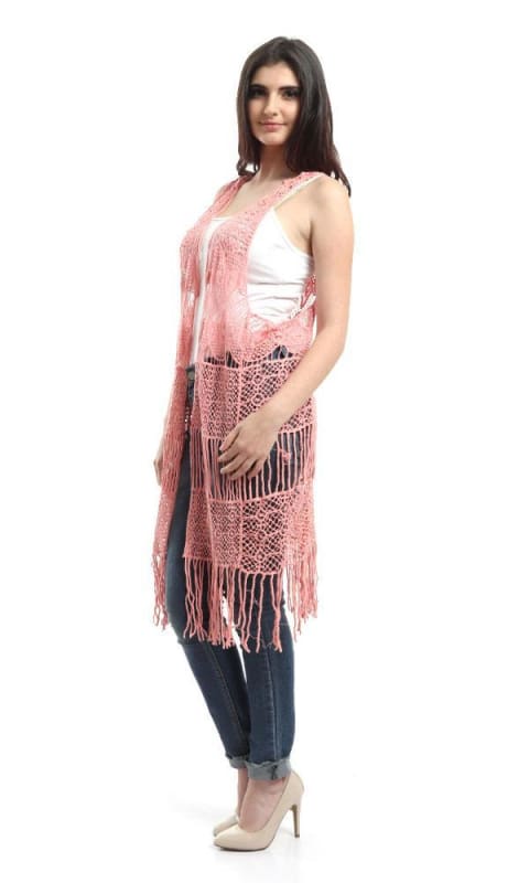 Fringes Crochet Solid Vest - Pink - women vests & cardigans