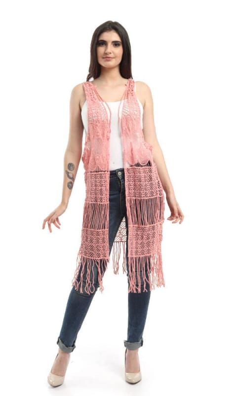 Fringes Crochet Solid Vest - Pink - women vests & cardigans