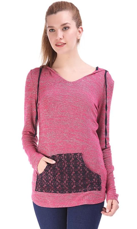 Lace Back Hoodie - Fuchsia - women t-shirts