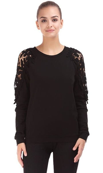 Lace Shoulder Sweatshirt - Black - women hoddies & sweatshirts