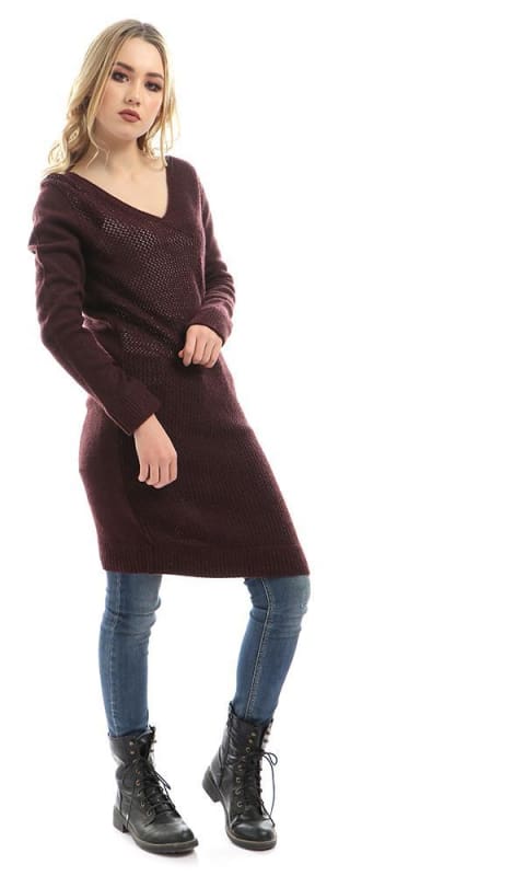 Long V Neck Knitted Pullover - Eggplant - women pullover
