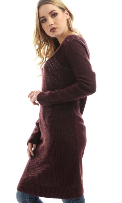 Long V Neck Knitted Pullover - Eggplant - women pullover