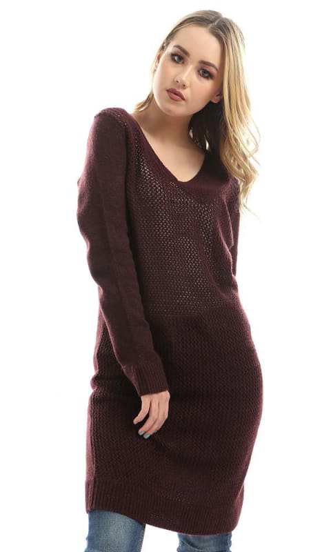 Long V Neck Knitted Pullover - Eggplant - women pullover