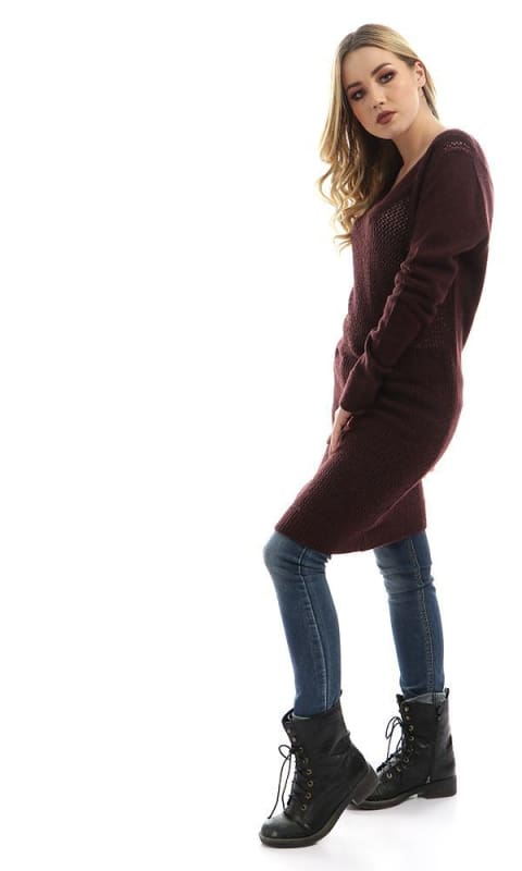 Long V Neck Knitted Pullover - Eggplant - women pullover