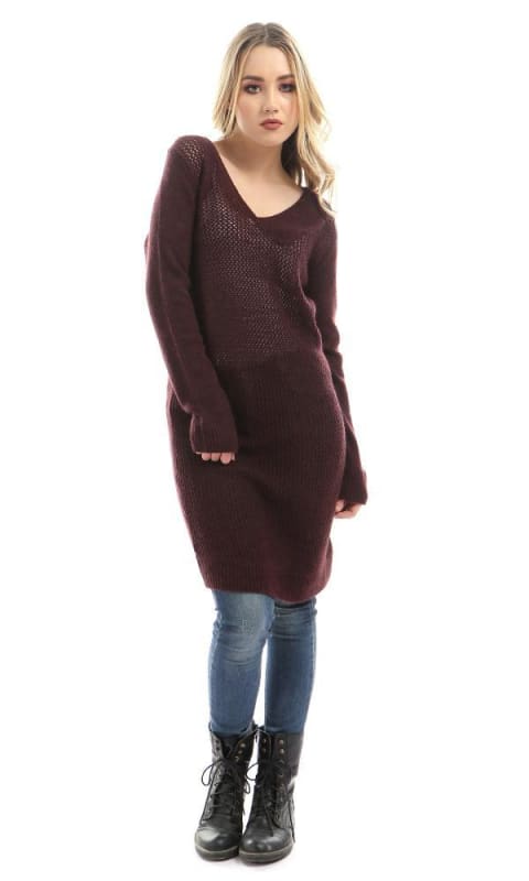Long V Neck Knitted Pullover - Eggplant - women pullover