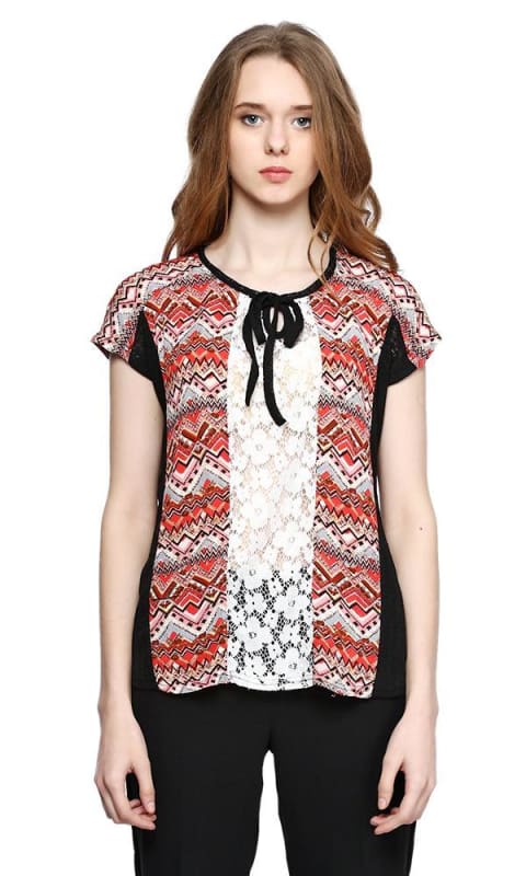 Mixed Fabric Top - Red - women shirts & blouses