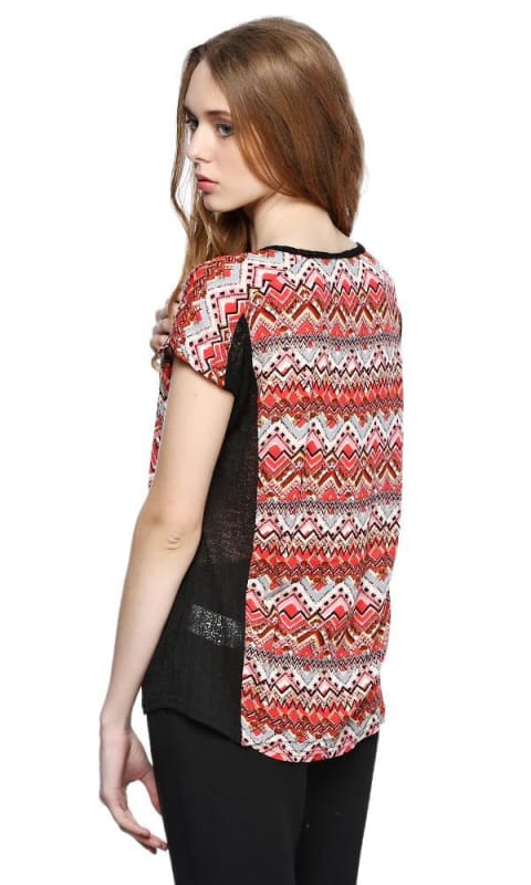 Mixed Fabric Top - Red - women shirts & blouses