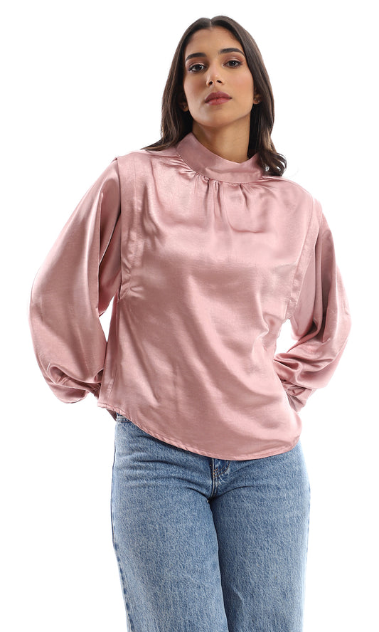 O150973 Mock Neck Cashmere Blouse With Balloon Sleeves