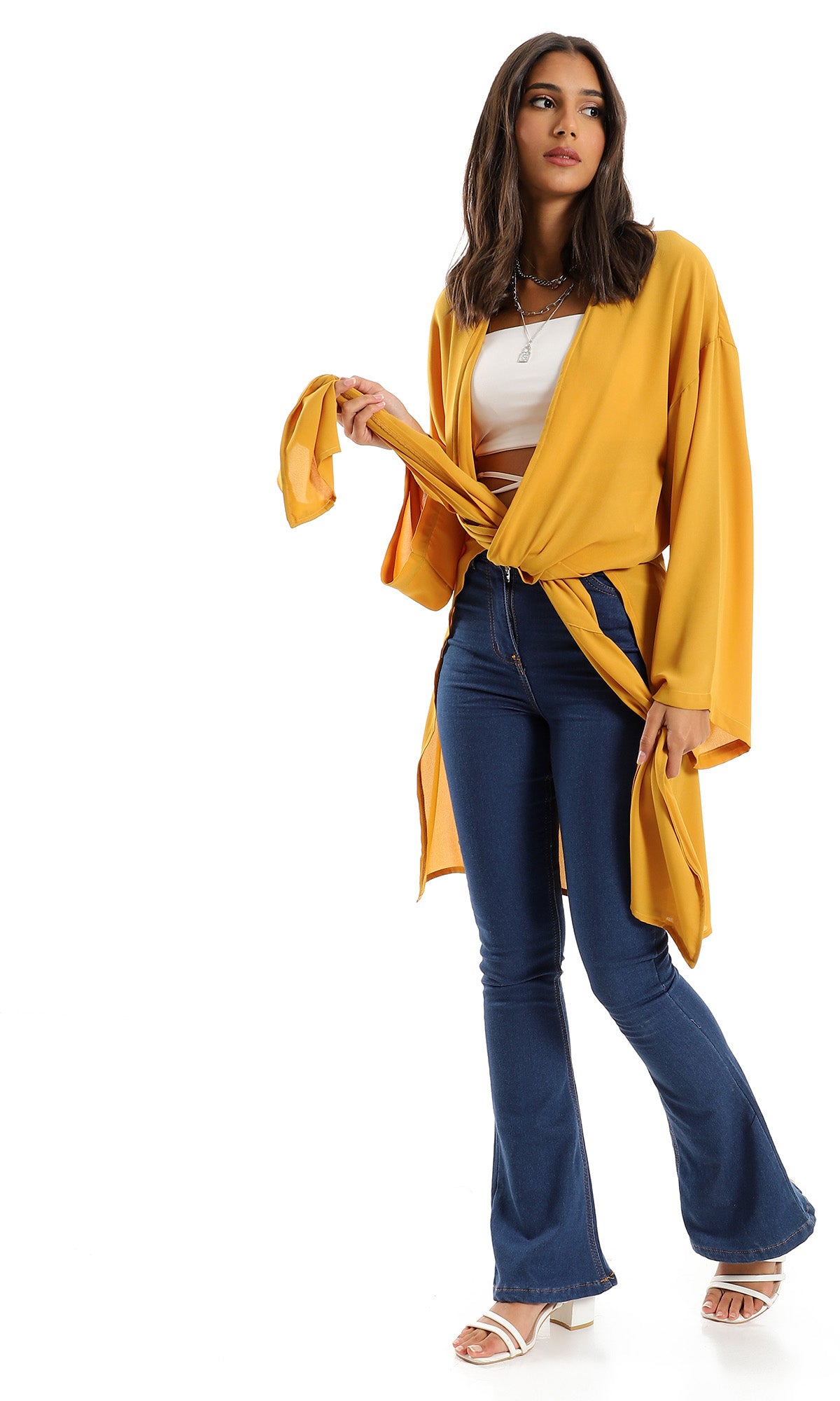 O150997 Trendy Solid Open Neckline Cardigan - Mustard