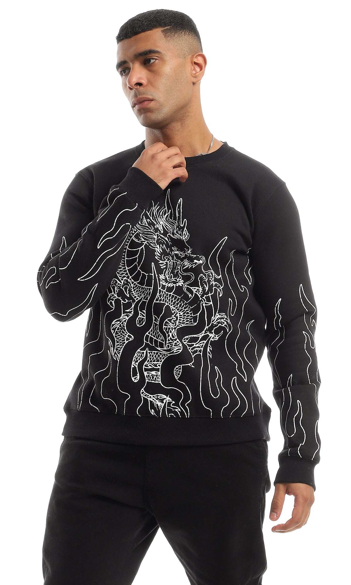 O151229 Flame Dragon Printed Fleece Comfy Sweatshirt