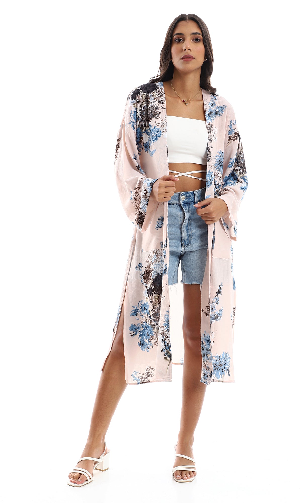 O151260 Summer Nude Beige Flowery Kimono