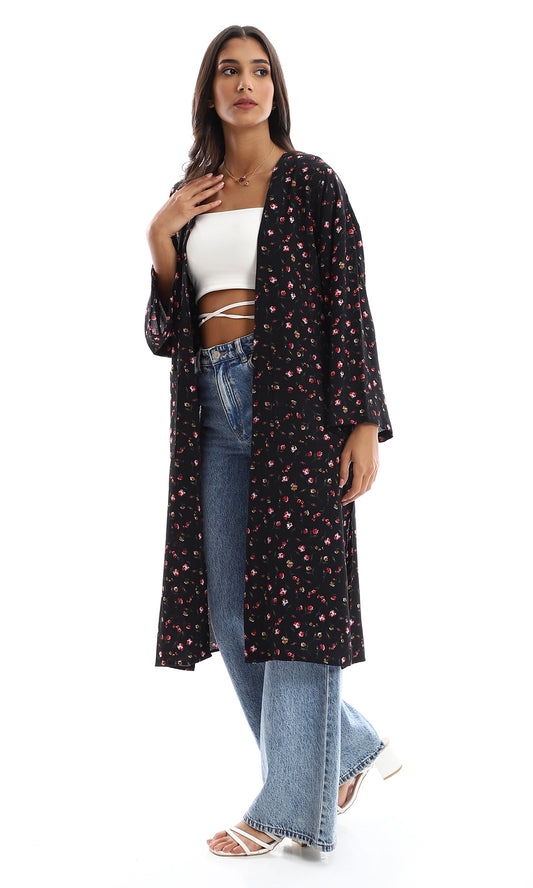 O151262 Long Summery Floral Black Kimono