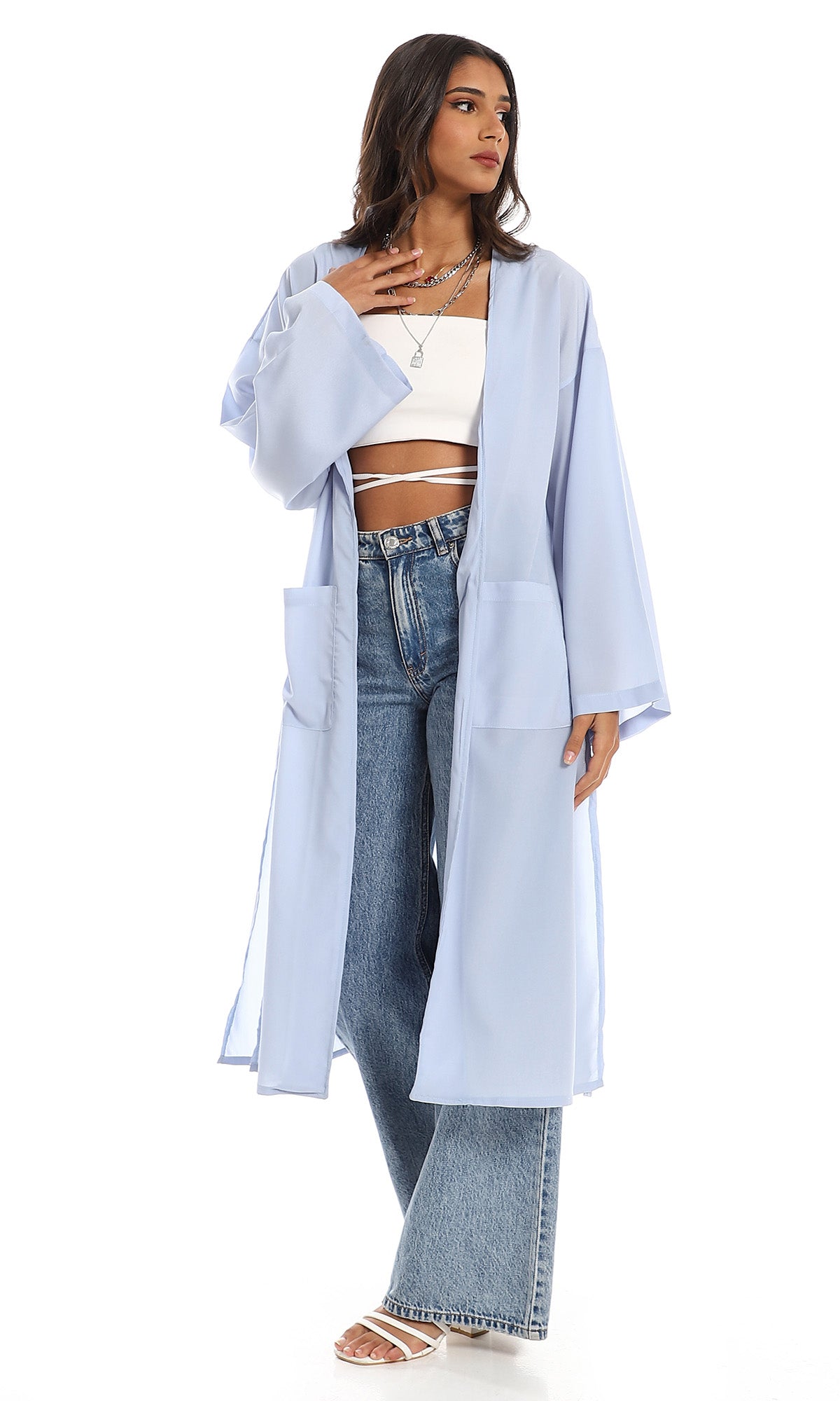 O151270 Plain Cardigan With Front Pockets - Baby Blue