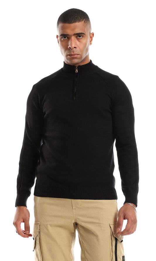 O151276 Zipped Neck Plain Black Dressy Knitted Sweater